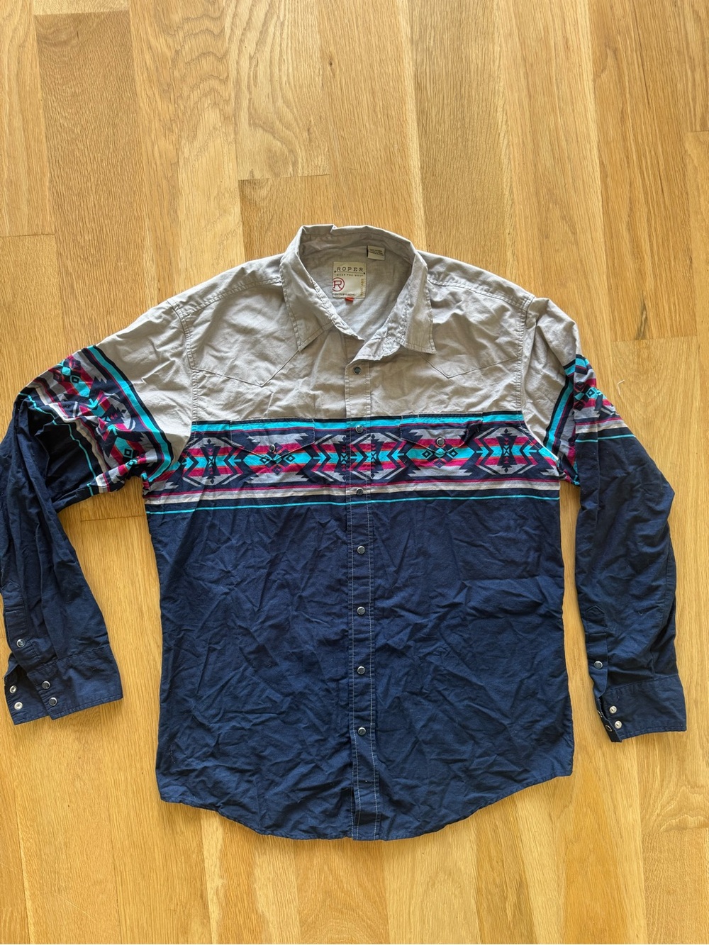 Roper Navy & Light Gray Western pearl snap Shirt with Aztec Stripe